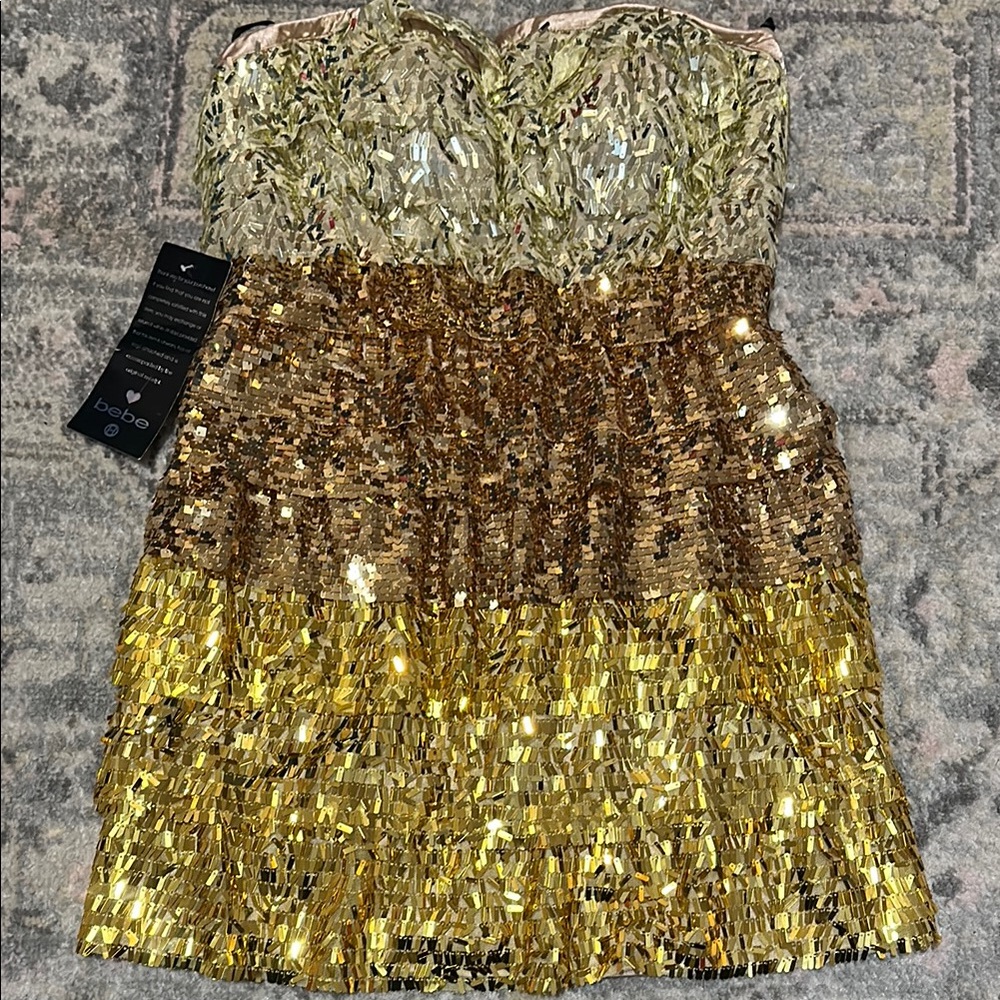 Bebe Tina Strapless Gold Sequin Mini Dress | NWT Sz Small | Holiday NYE Glam
